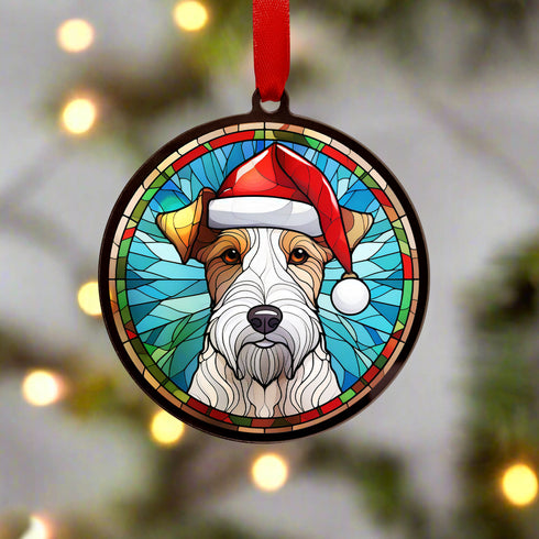 Fox Terrier in Santa Hat Suncatcher Decoration